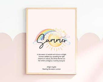 Summer, baby name meaning wall art, personalized nursery decor, name meaning poem, baby shower gift, custom name poetry, newborn keepsake