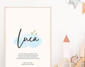 Luca Name Meaning Art Print | Personalized Name Meaning Poem | Nursery Name Sign | Custom Name Art | Cloud and Star Nursery Wall Art