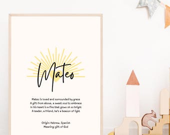Mateo, arte de pared con el significado del nombre del bebé, decoración personalizada para la habitación de un bebé, poema con el significado del nombre, regalo para baby shower, poesía con el nombre personalizado, recuerdo para recién nacidos