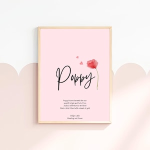 Significado do nome Poppy | Impressão personalizada de nome para berçário | Decoração personalizada para berçário | Significado do nome do bebê | Presente de chá de bebê | Presente de primeiro aniversário
