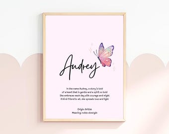 Audrey | Nome personalizado com significado, arte para decoração de berçário, presente de chá de bebê, lembrança para recém-nascido, borboleta para impressão, arte para berçário, quarto de meninas