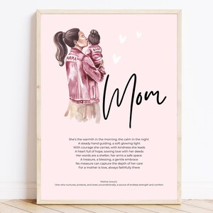 Moederdag gedicht aquarel kunst print brunette meisje moeder, definitie van moeder, moderne boho moederdagcadeau, coole modekunst, sentimenteel