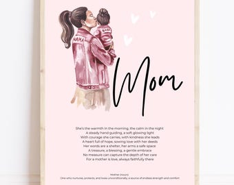 Mothers day poem watercolour art print brunette girl mom, definition of mother, modern boho mothers day gift, cool fashion art, sentimental
