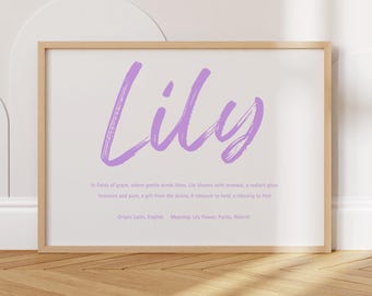 Anpassad namnkonst | Modern barnrumsdekor | Digitalt tryck av namnbetydelse | Babyshowerpresent | Minimalistisk namnkonst | Nyföddpresent Lily