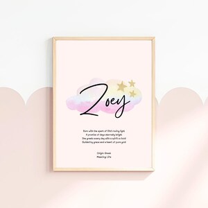 Zoey, art mural signifiant prénom de bébé, décoration personnalisée pour chambre de bébé, poème signifiant un prénom, cadeau de baby shower, poème prénom personnalisé, souvenir nouveau-né