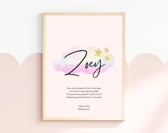 Zoey, baby name meaning wall art, personalized nursery decor, name meaning poem, baby shower gift, custom name poetry, newborn keepsake
