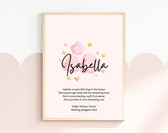 Isabella, baby name meaning wall art, personalized nursery decor, name meaning poem, baby shower gift, custom name poetry, newborn keepsake