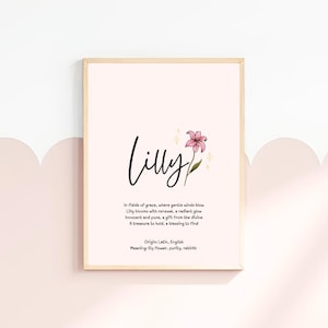 Lilly, baby name meaning wall art, personalized nursery decor, name meaning poem, baby shower gift, custom first birthday, newborn keepsake