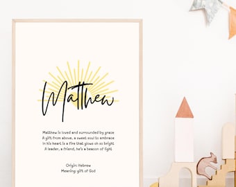 Matthew, baby name meaning wall art, personalized nursery decor, name meaning poem, baby shower gift, custom name poetry, newborn keepsake