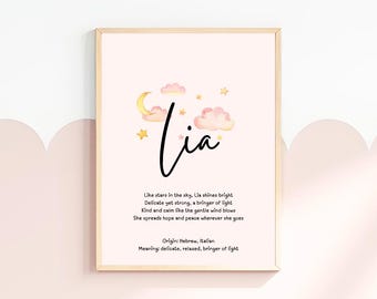 Lia Name Meaning Art Print | Personalized Nursery Decor | Name Meaning Poem | Name Sign | Baby Shower Gift | First Birthday Gift