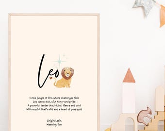 Personalized Name Art Baby Boy Nursery Decor Name Meaning Print Digital Download Baby Shower Gift Leo Poem Art Custom Newborn Room Gift