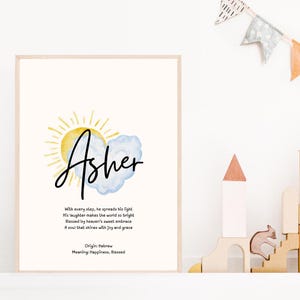Asher personalisierte Name Kunstwerk Kinderzimmer Wand Dekor Baby Mädchen Geschenk Digitaldruck Name Bedeutung Kunstdruck Baby-Dusche-Geschenk benutzerdefinierte Kinderzimmer
