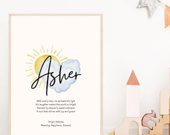 Asher Personalized Name Artwork Nursery Wall Decor Baby Girl Gift Digital Print Name Meaning Art Print Baby Shower Gift Custom Nursery