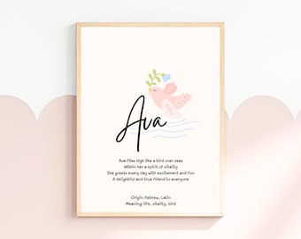 Ava, baby name meaning wall art, personalized nursery decor, name meaning poem, baby shower gift, custom name poetry, newborn keepsake