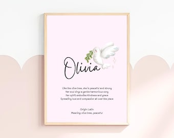 Anpassad namnkonstverk barnrum väggdekor babyflicka gåva digitalt tryck Olivia namnbetydelse konsttryck babyshowergåva personlig barnrum