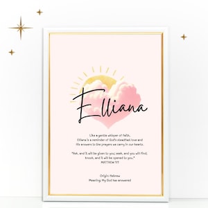 Impresión artística personalizada con el significado del nombre bíblico para la guardería de una niña, regalo para la ahijada, regalo para el baby shower, bautismo, primer recuerdo de Navidad para el bebé recién nacido