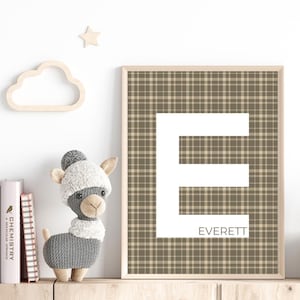 Arte con nombre personalizado, decoración de guardería con iniciales personalizadas, impresión inicial a cuadros, guardería de estilo cottagecore, nombre de bebé personalizado, arte de guardería moderno