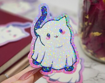 Glittery Ghost Cat Sticker | Glitter Spooky Kitty Sticker | Sparkly Vinyl Ghost Cat | Rainbow Ghost Cat | Kawaii Cat Sticker 3"