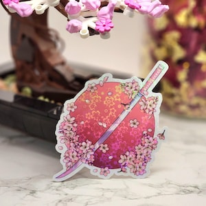 Pegatina holográfica de la espada katana de flor de cerezo Sakura