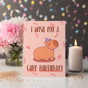 Capybara verjaardagskaart digitale download - "Capy Birthday" | 5" x 7" wenskaart direct downloaden | Perfect voor capibara-liefhebbers