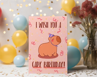 Cappy Birthday Party Hat Capybara Card, A2 Size Greeting Card with Envelope and 2 Bonus Stickers
