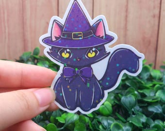 Witch Cat Holographic Sticker, Magical Witchy Black Cat Vinyl Sticker, Cat in Purple Witch Hat Decal, 3" Kawaii Kitty Sticker