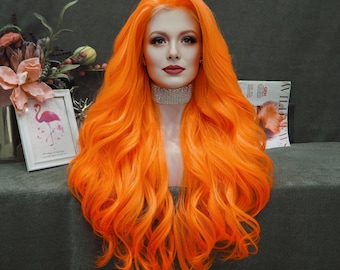 Long Orange Wavy Wigs Free Part Natural Looking Synthetic Heat Resistant Fiber Wigs Hair for Women Cosplay Party 26 inches