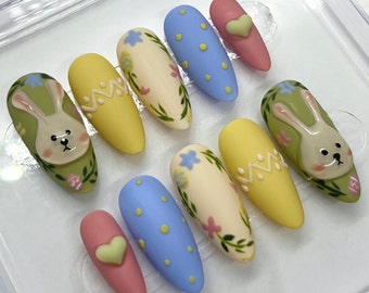 3d bunny matte pastel easter egg medium almond handmade custom press on nails design floral colourblock mix match powder polka dots heart