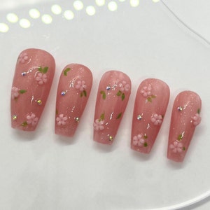 3d cherry blossom glitter floral spring pink peach medium coffin handmade coffin custom press on nails design pastel feminine soft kawaii