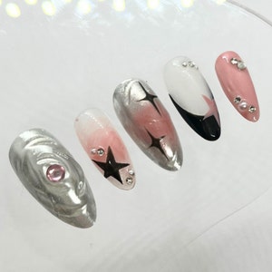 y2k silver chrome black pink coquette design medium almond handmade custom press on nails bow 3d star french ombre