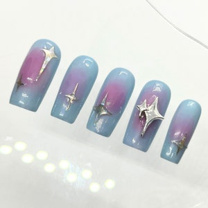 y2k aura blue pink magenta purple silver star medium square handmade custom press on nails design pink pastel