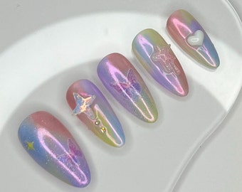 fairycore pastel glitter chrome medium almond handmade custom press on nails star butterfly