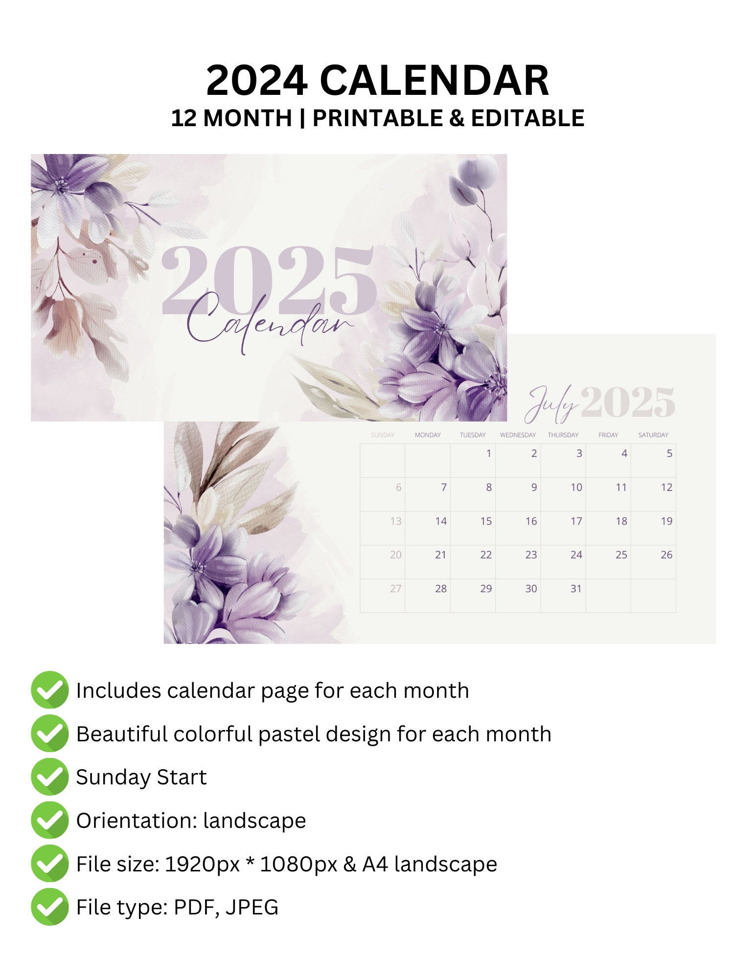 year-2025-monthly-calendar-cream-purple-aesthetic-floral-watercolor-illustration-etsy