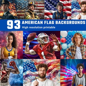 May include: 93 American Flag Backgrounds - High resolution printable. A collage of images featuring people of different ages and ethnicities, with various backgrounds featuring the American flag in different styles and colours.