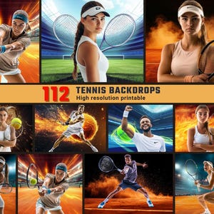 May include: A collection of 112 high-resolution printable tennis backdrops featuring various players in action on a tennis court. The backdrops are perfect for creating custom photo projects or adding a sporty touch to your designs.