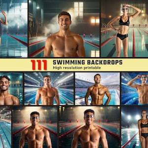May include: A collection of 11 swimming pool backdrops, high resolution and printable. The backdrops feature different swimming pool scenes with swimmers in the water.
