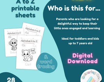 Pode incluir: Um livro de colorir do alfabeto imprimível com 28 páginas que apresentam ilustrações em preto e branco de um macaco, um gato e letras. O texto na página diz "Kids coloring A to Z printable sheets" e "New Who is this for... Parents who are looking for a delightful way to keep their little ones engaged and learning Ideal for toddlers and kids up to 7 years old & word tracing Digital Download".