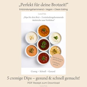 May include: An image showcasing seven small white bowls filled with colorful dips. The dips vary in color, including shades of red, orange, and white. Text on the image promotes the dips as healthy and quick to make.