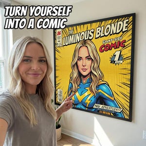 May include: A framed comic book cover featuring a blonde woman in a blue and yellow superhero costume. The comic is titled "The Luminous Blonde" and includes the text "Turn Yourself Into A Comic".