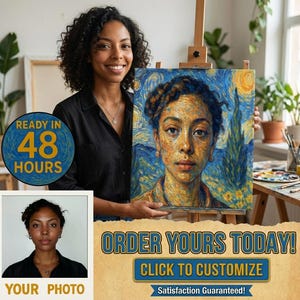 Retrato personalizado de Van Gogh | Retrato de noche estrellada | Arte imprimible estilo Van Gogh | Retrato abstracto a partir de una foto | De una foto a una obra de Van Gogh