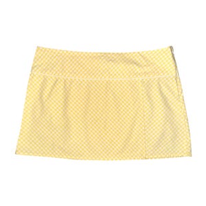 May include: A yellow and white gingham print skirt. The skirt has a straight cut with a white trim along the waistband and a side zipper. The fabric is a light, summery material.