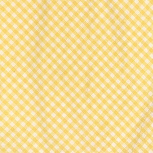 May include: A close-up of a yellow and white gingham pattern. The fabric has a repeating square design in a diagonal orientation. The yellow squares are a soft, muted tone, and the white squares are a bright, clean white.