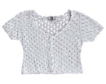 Vintage 90s White Lace Crochet Button Up Crop Sweater Top Cottagecore Boho Coquette