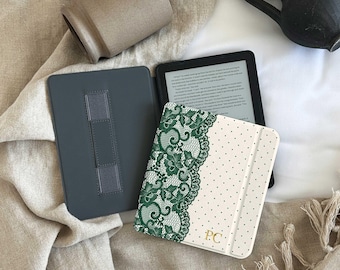 Green Lace Kindle Case, Coquette Polka Dot Cover, Personalized Paperwhite 12th 11th, Colorsoft, Vintage Book Lover Gift