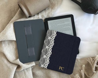 Personalized Kindle Case, Blue Lace Print Polka Dot Kindle Cover, Custom Name E-Reader Case, Book Lover Gift for Her