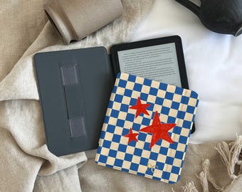 Americana Kindle Case, Checkerboard Star Ereader Cover, Retro Folk Art, Paperwhite 12th 11th, Colorsoft, Book Lover Gift