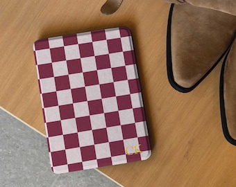 Personalised Burgundy Checkered Kindle Case, Custom Initials Cover for Paperwhite 12th 7", Kindle 2024, Aesthetic Book Lover Gift