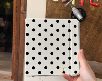 Personalized Polka Dot Kindle Case, Custom Initial Kindle Cover, Black Dot E Reader Case, Kindle Paperwhite Kobo Gift