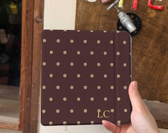Personalized Kobo Case, Brown Gold Polka Dot Cover, Custom Initials Ereader Case, Cute Bookish Gift for Her