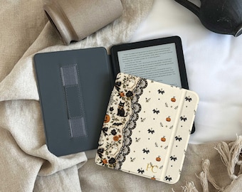 Personalized Halloween Kindle Case, Gothic Lace Cat & Pumpkin Cover, Paperwhite 12th 11th, Colorsoft, Spooky Book Lover Gift